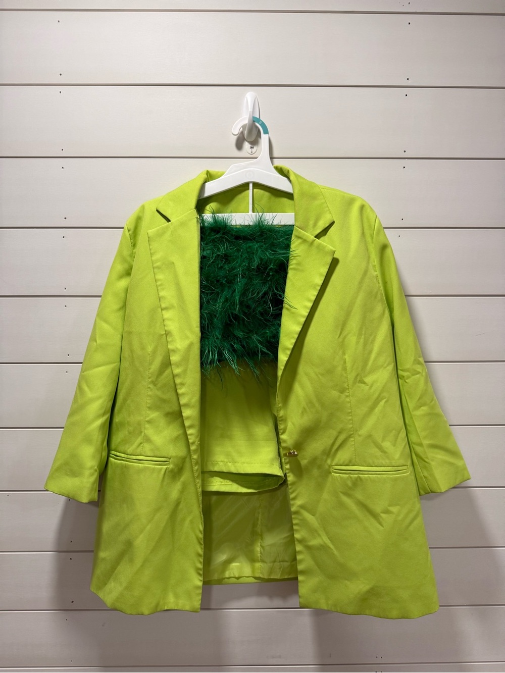 Boohoo Lime Green Blazer and Shorts with Feather Trim top